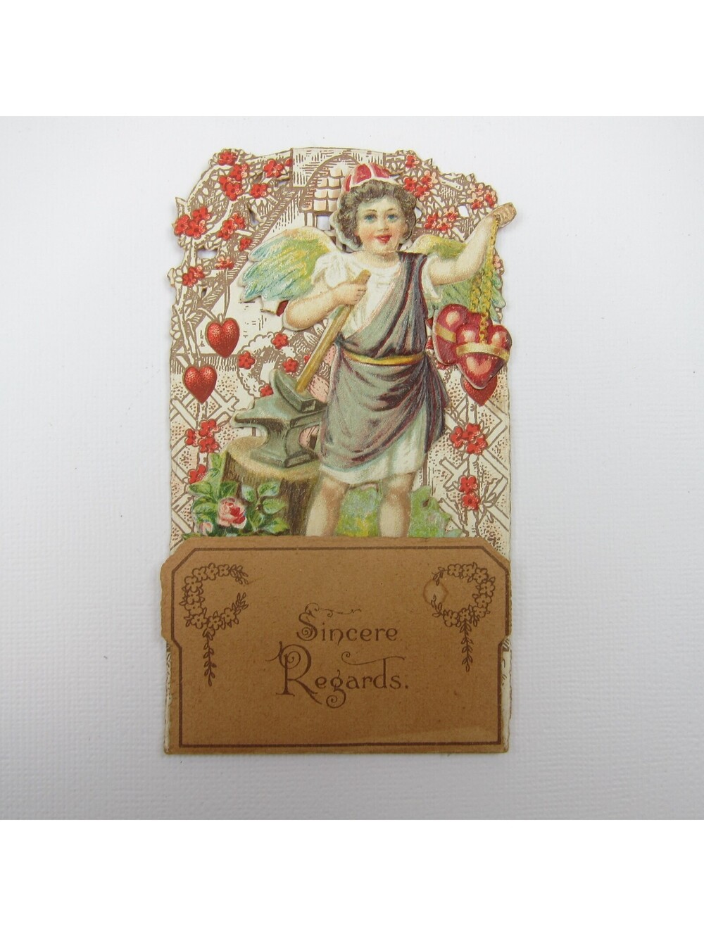 Vintage Valentine Pull Down Die Cut Stand Up Angel Boy Wings Toga Hammer & Anvil